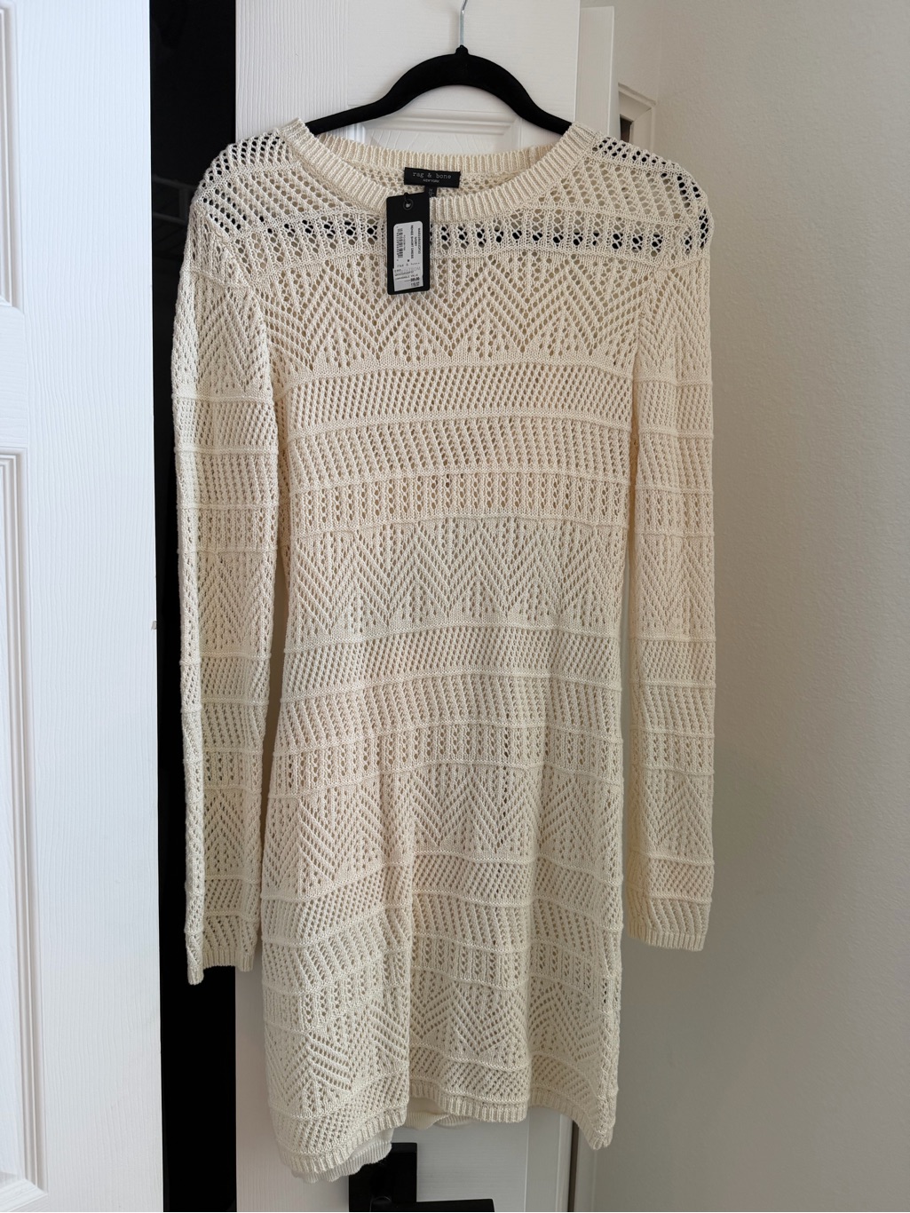 Rag & Bone Cream Open-Knit Long Sleeve Midi Dress